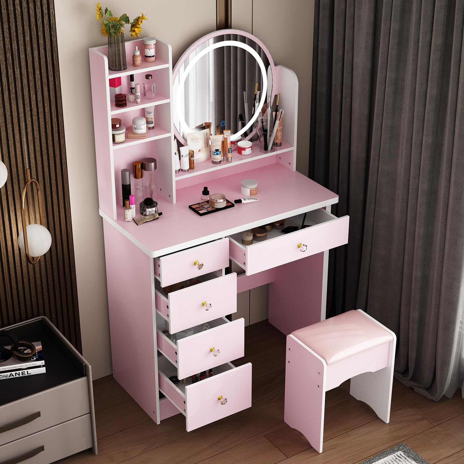ECACAD Vanity Desk Set with LED Lighted Round Mirror, Makeup Dressing Table with 5 Drawers, Storage Shelves & Cushioned Stool for Bedroom, Pink