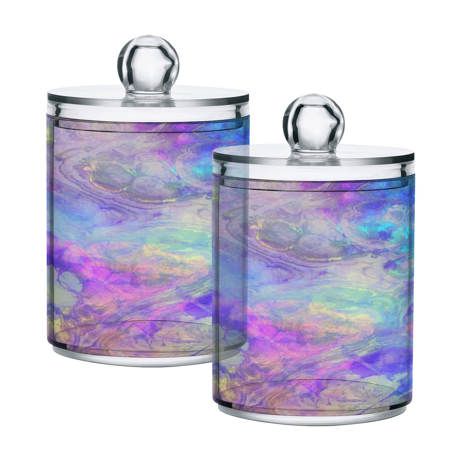 Ewusp Iridescent Qtip Holder 2 PCS Clear Plastic Apothecary Jars with Lid Cotton Pad Holder Dispenser Cotton Bud Holder Bathroom Storage Container Makeup Organizer