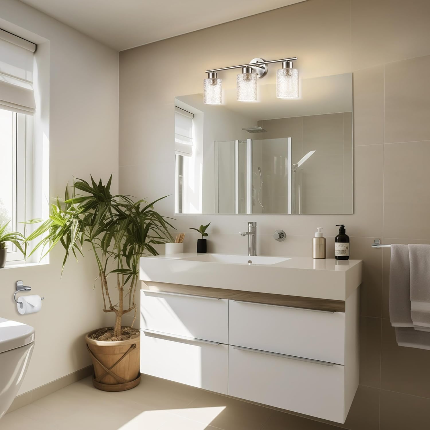 Globe Electric 63000209 5-Piece Bathroom Accessory Set with 23" 3-Light Vanity Light, Brushed Nickel Finish, Frosted Glass Shades, Towel Bar, Robe Hook, Towel Ring, Toilet Paper Holder