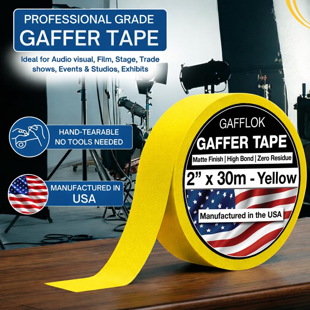 Gafflok Black Gaffer Tape 2" x 33 Yards–Professional Grade Made in USA, Heavy Duty Cloth Tape, Strong Adhesion, Matte Non-Reflective, Residue-Free for Cables, AV,Stage,Film,Photography (6, Yellow)