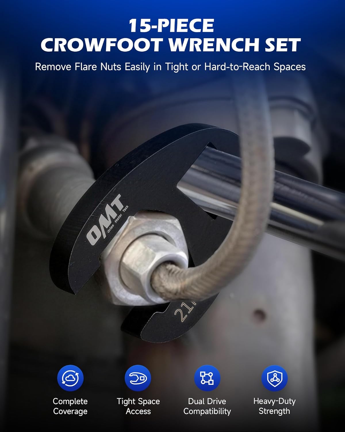 Orion Motor Tech Crowfoot Wrench Set, 15-Piece Crows Foot Wrench Set with 8 to 24 mm Metric Flare Nut Wrenches, 1/2 & 3/8 in. Drive Flare Nut Wrench Set with Laser Etched Marking Carry Case, Red