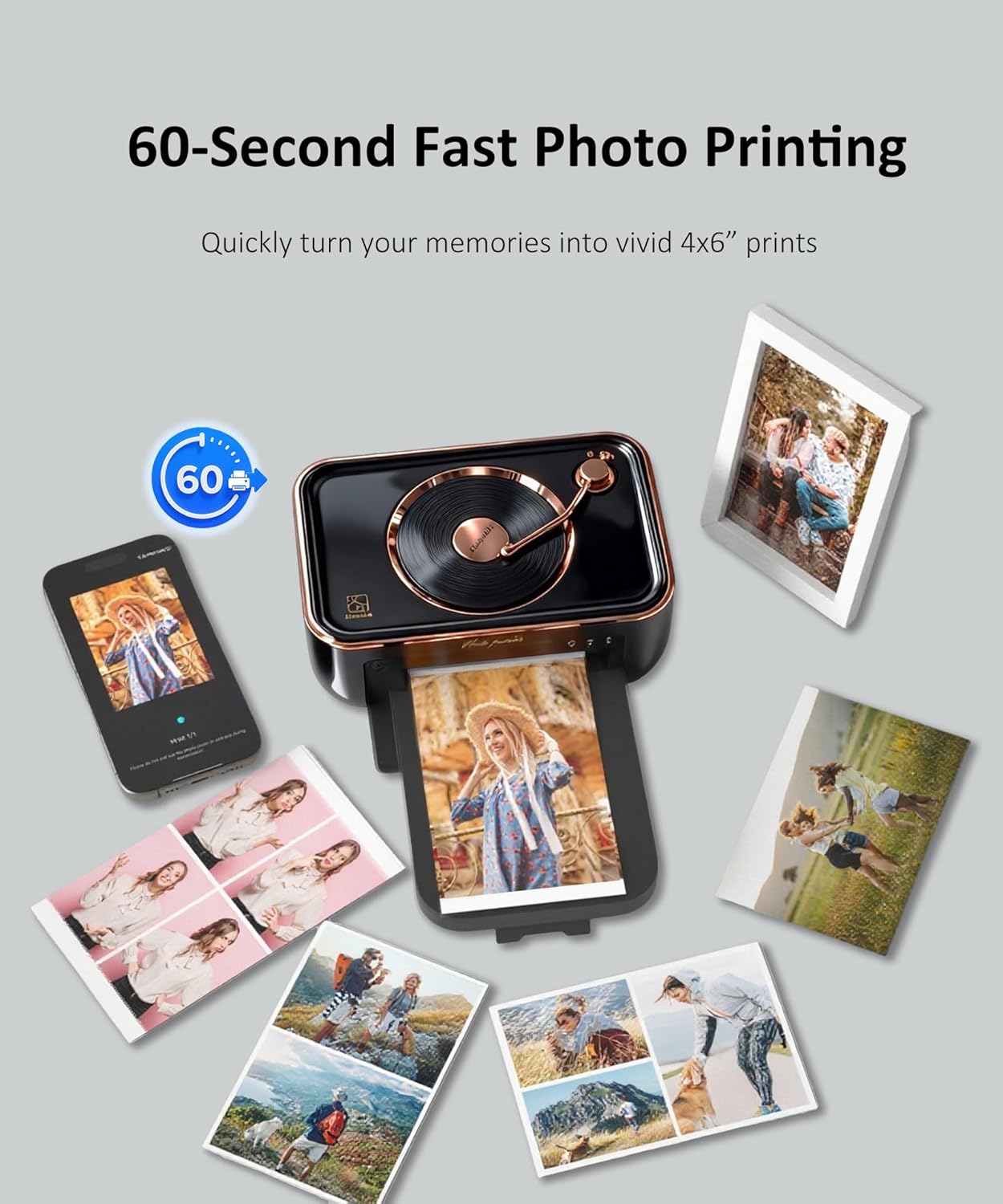 PRT CP6000 4x6 Photo Printer, Phone Printer with 20 Sheets & 1 Ribbon, Wireless Instant Picture Printers for iOS Android, Thermal Dye Sublimation, Home Use, Wi-Fi, AR Video, Fun App, Black