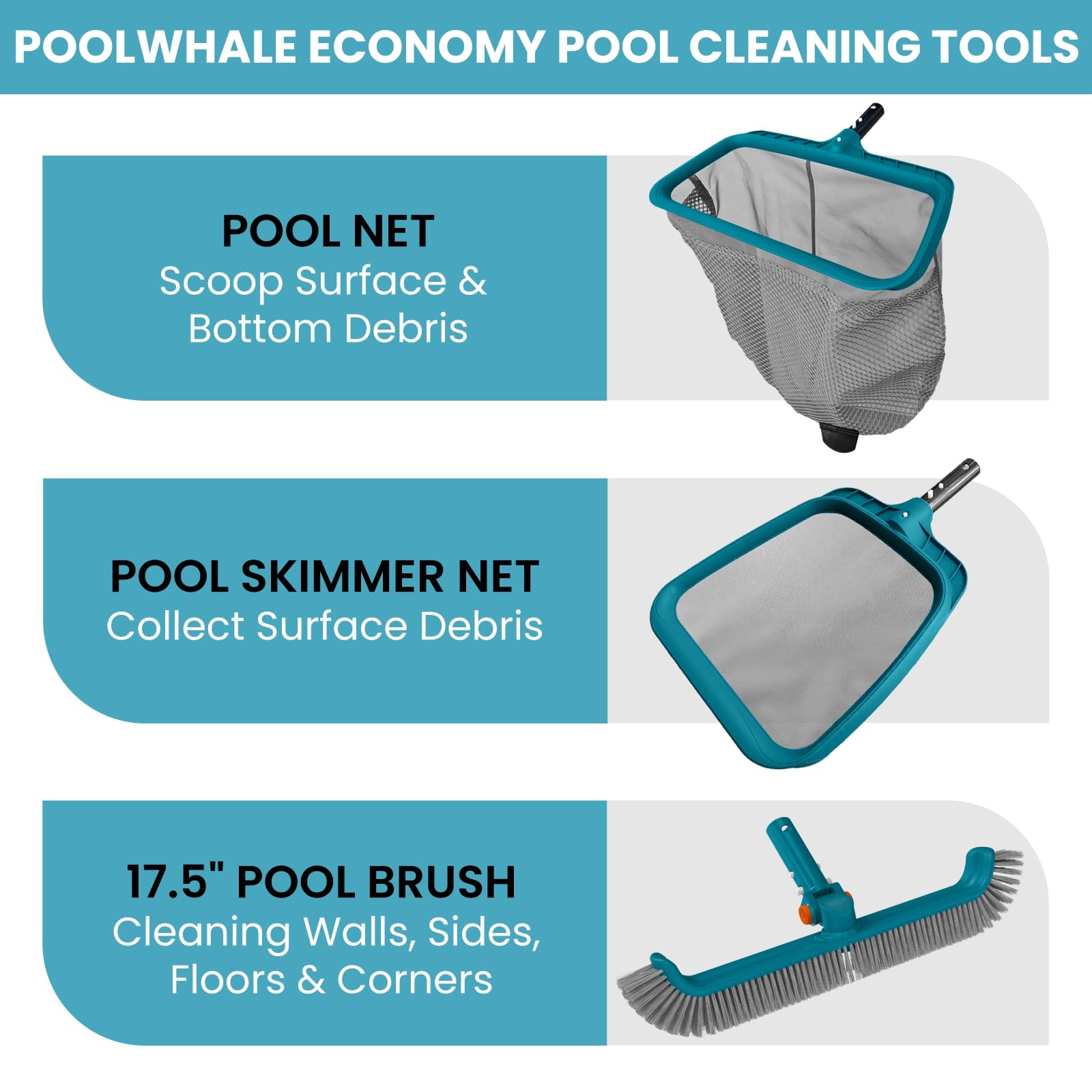 POOLWHALE Economy Schwimmbad-Reinigungsset, feinmaschig, tiefes Poolrechen & Laubskimmernetz, drehbarer Poolbürstenkopf für die Reinigung oberirdischer und eingehender Pools (ohne Stange)