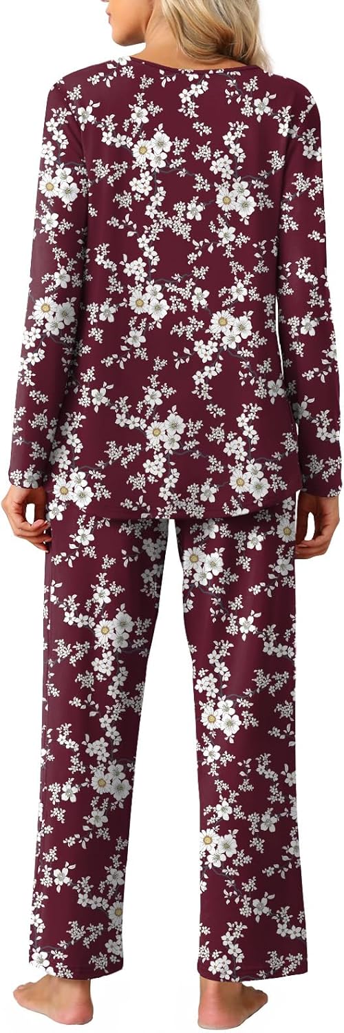 Anyally Women's Pajama Sets, 2 Piece Plus Size Fall Long Sleeve Pjs Sets Winter Ladies Loungewear with Pockets, 3XL White Flowers Wine - Image 4