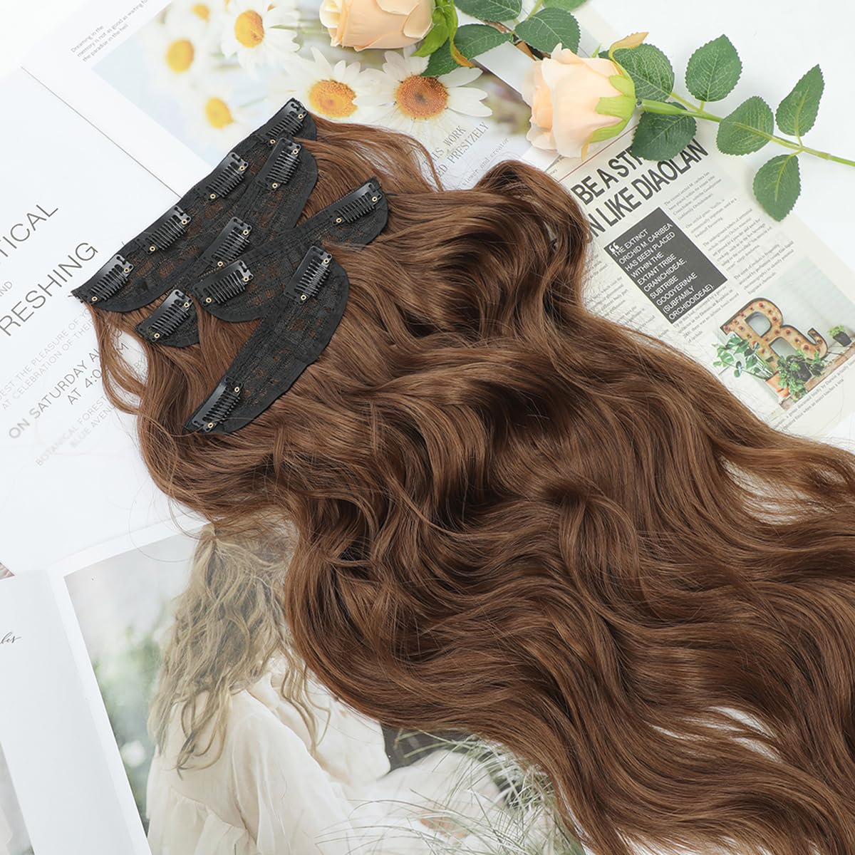 20inch Hair Extensions Clip in Golden Chestnut Brown Hairpieces for Women 4PCS Full Head Set Thick Hair extension Wavy hair Extensions - Image 3
