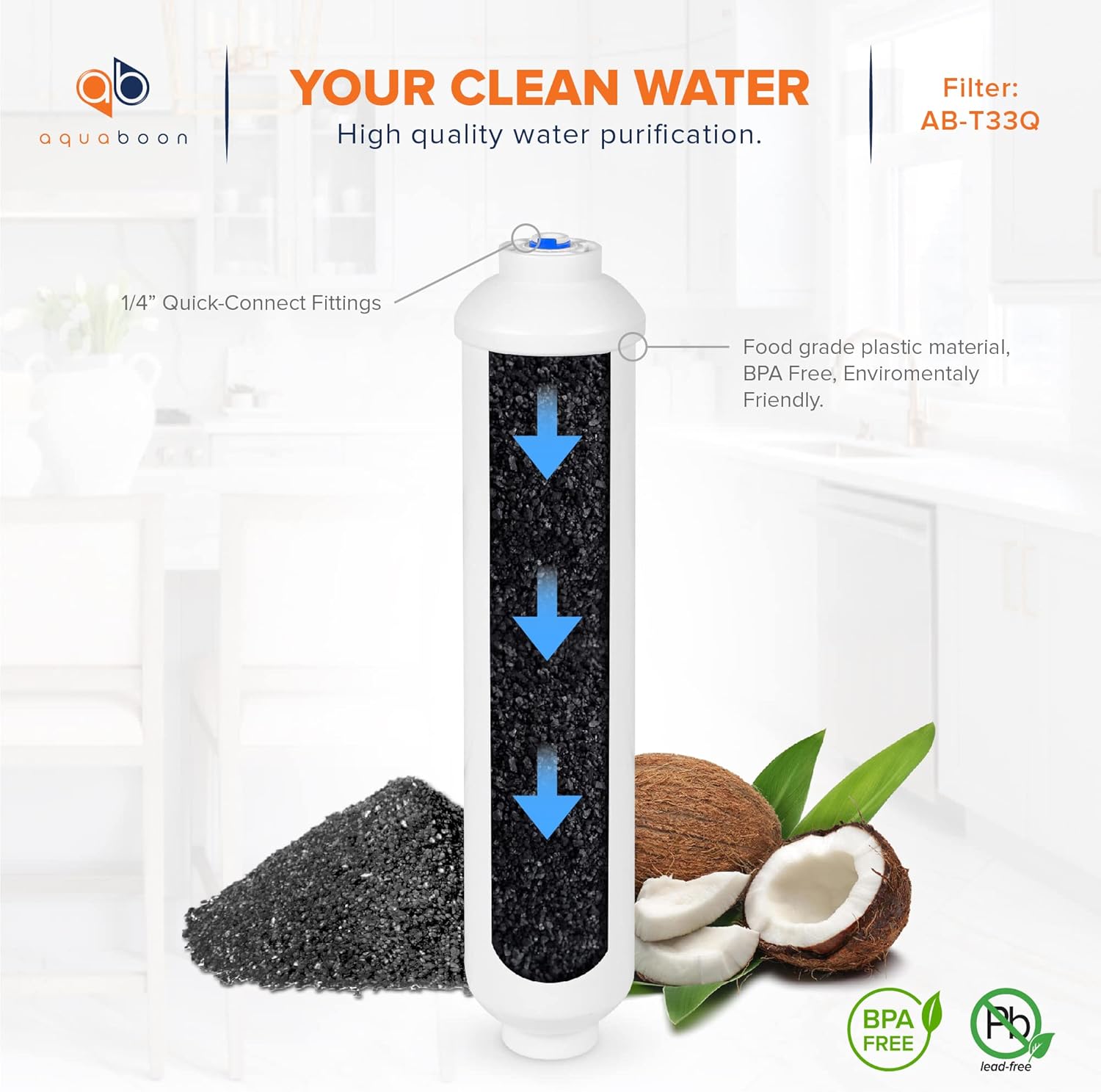 Aquaboon T33 Inline Post Activated Carbon Water Filter for Refrigerator, Ice Maker w/Quick Connect for 1/4 Water Line Compatible with ICF-10, 6-Pack
