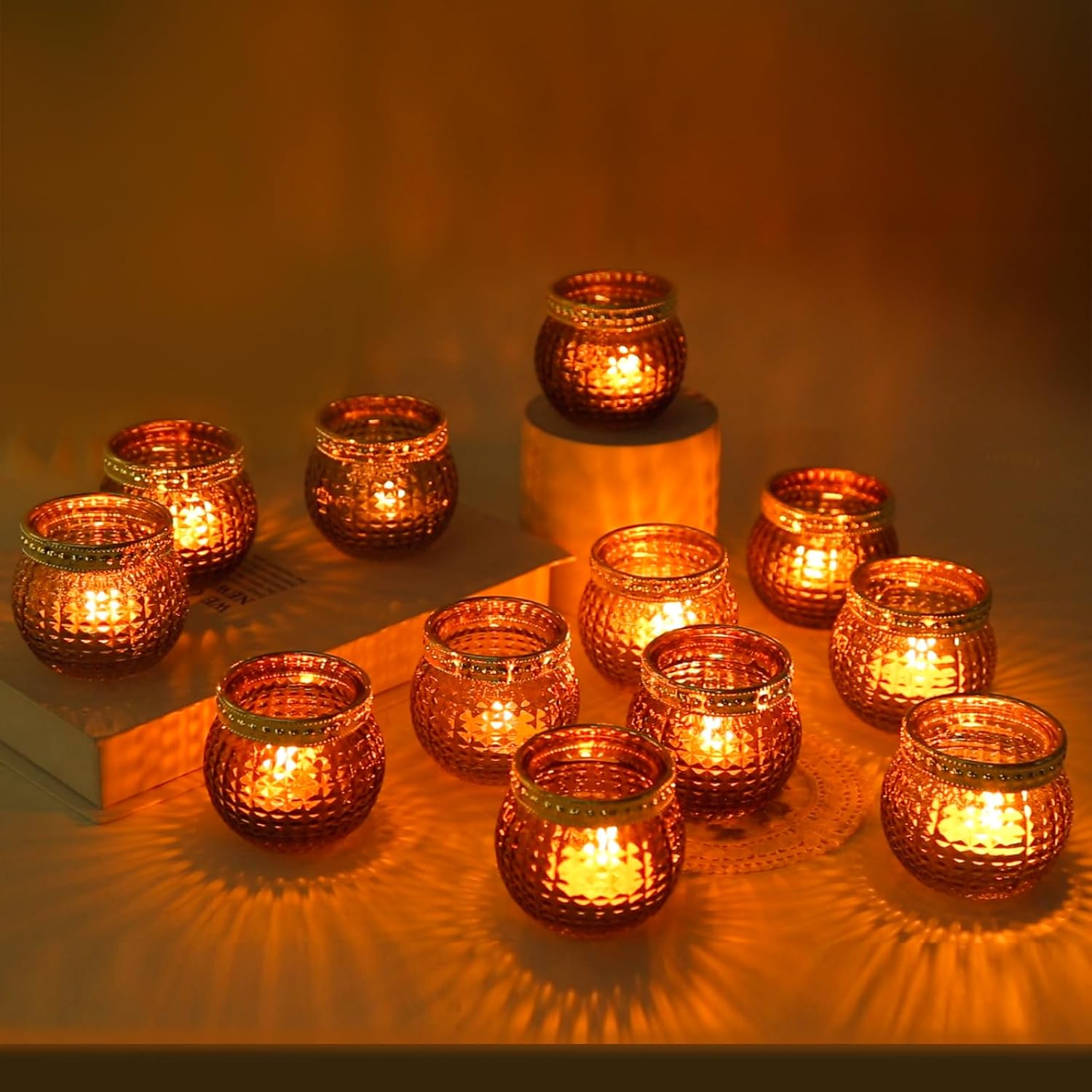 Candle Holder Set of 12, Small Tealight Candle Holder, Vintage Glass Votive Candle Holders for Table Centerpiece Wedding Home Decor Holiday Decor (Amber) - Image 7