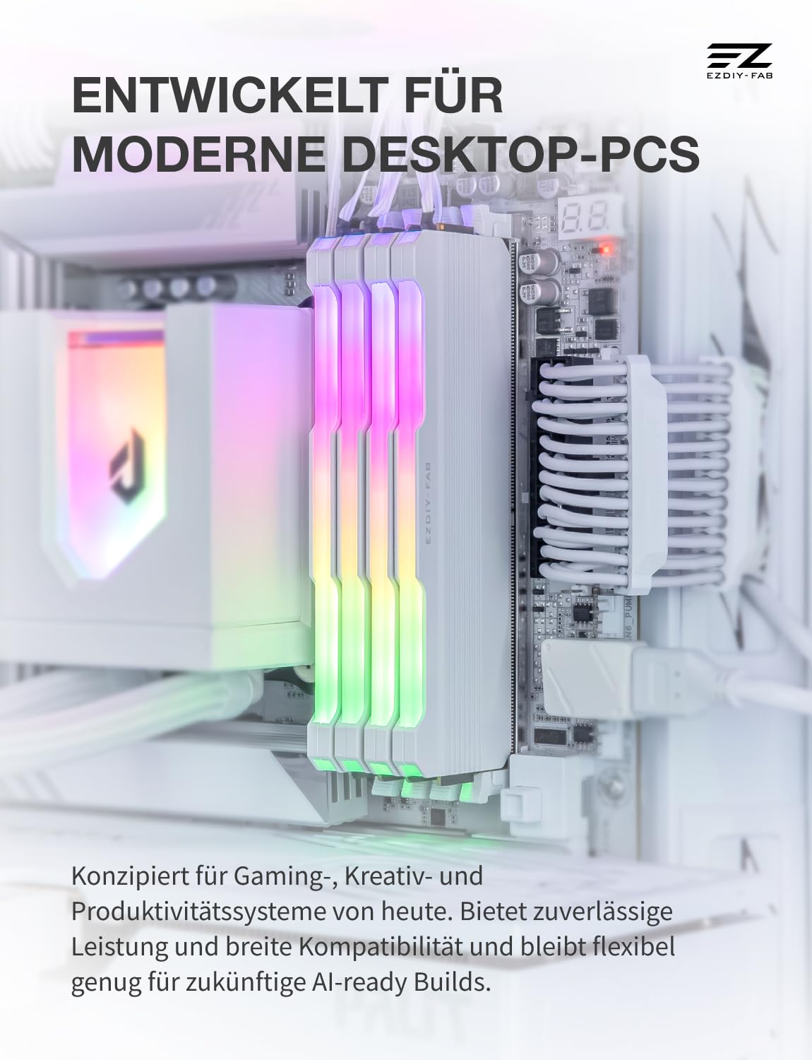EZDIY-FAB RH01 ARGB RAM-Kühlkörper, RGB Memory Heat Spreader für DDR5 DDR4, Aluminium-RAM-Kühler mit 5V 3-Pin ARGB-Beleuchtung, Speicherkühlung für Gaming-PCs, 2 Pack-Weiß - 2