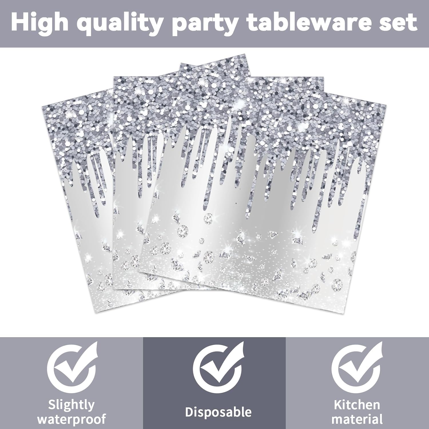 50 Pcs Silver Glitter Disposable Party Plates and Napkins Glitter Diamonds Happy Birthday Party Supplies for 25 Guests Table Decorations for Wedding Silver Birthday Decorations Paper Plates Napkins - Image 4