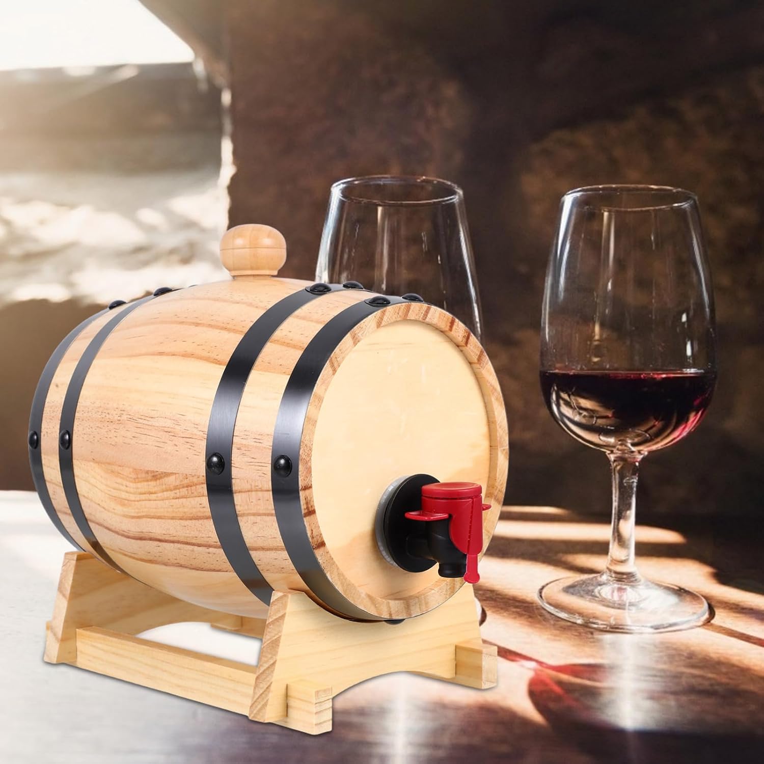 Whiskey Barrel Dispenser Oak Aging Barrel Stand for Bar Restaurant Spigot Efficient Sturdy