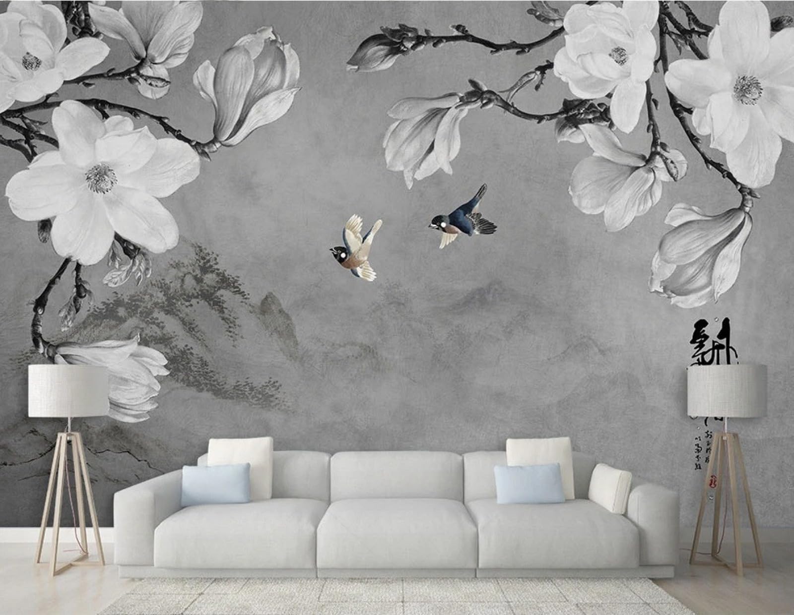 Papier peint panoramique noir et blanc 150x105 cm motif montagne chinoise et magnolias vintage