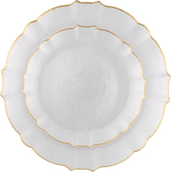 PLASTICPRO 24 Piece Aristocratic Combo Plastic Dinner Plates Disposable Plastic Fancy Heavy Duty Party Dishes 12, 7'' inch and 12, 10'' inch, Pearl White With Gold Rim