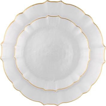PLASTICPRO 24 Piece Aristocratic Combo Plastic Dinner Plates Disposable Plastic Fancy Heavy Duty Party Dishes 12, 7'' inch and 12, 10'' inch, Pearl White With Gold Rim