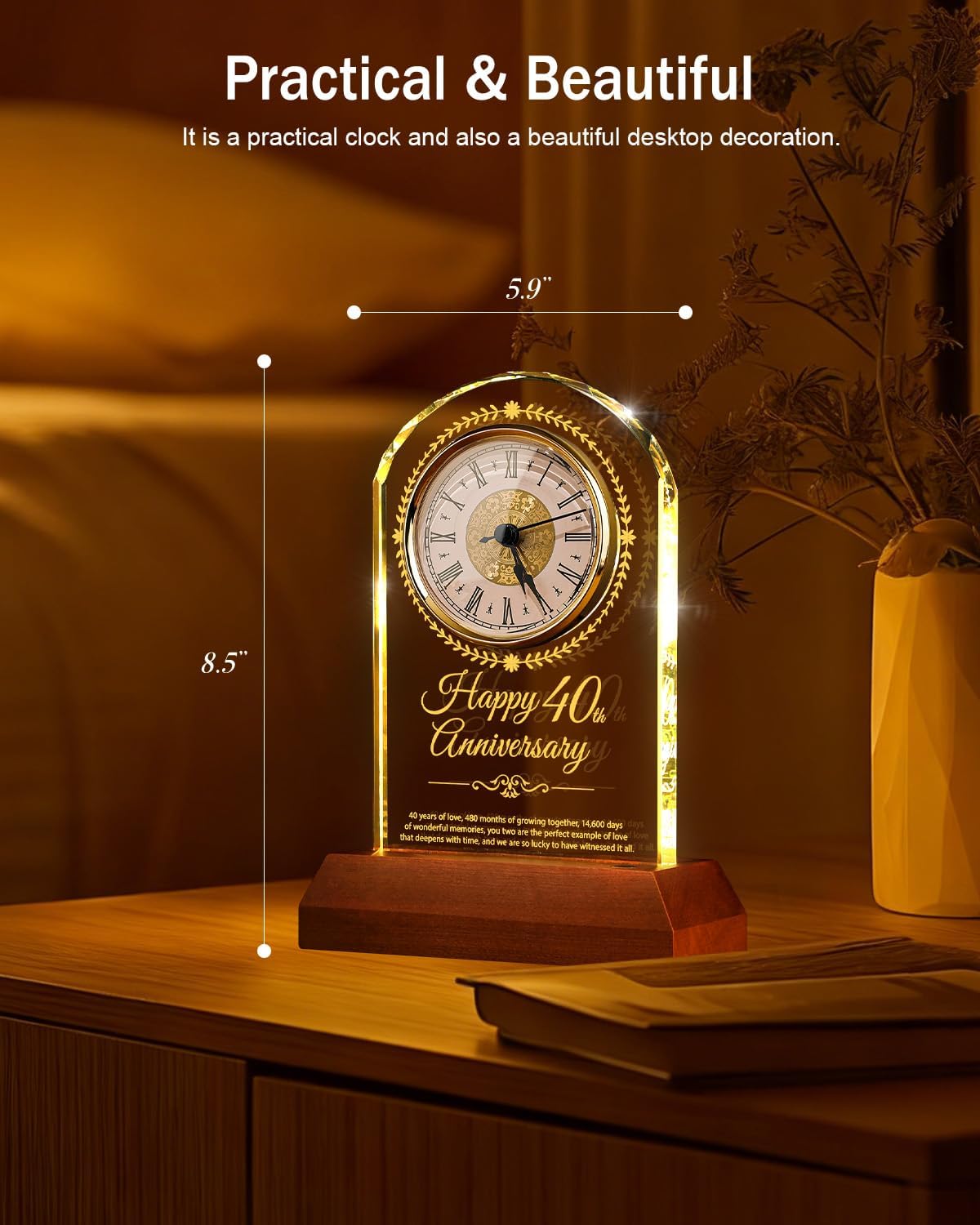 40th Wedding Anniversary Crystal Quartz Clock with Wooden Light Base,40 Years of Marriage Gift,Happy Ruby Anniversary Decoration Gift,for Parents,Grandparents,Couple - Image 2