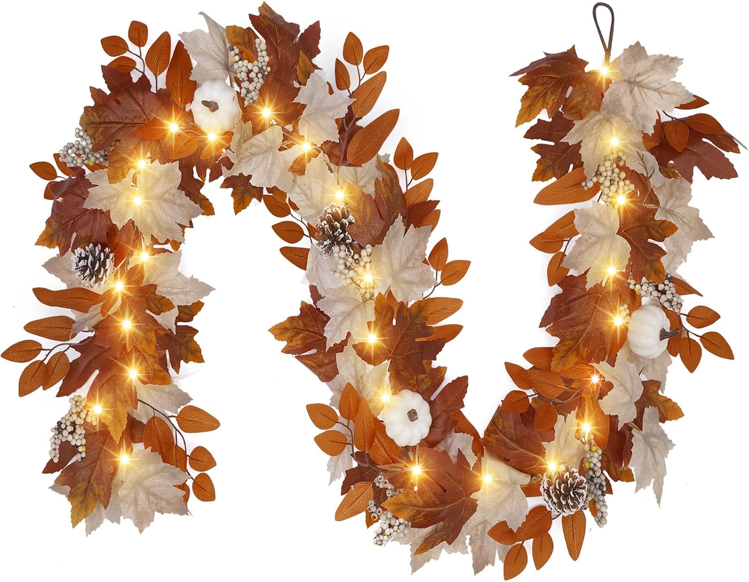 6 Ft Fall Garland with Lights, Thanksgiving Mantel Decor | 30 Warm LED Lights, 6H Timer, Maple Leaves, Pumpkin, Berries and Pine Cones, Fireplace, Porch Table Autumn Decor