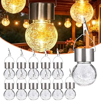 Pack of 12 Small Solar Lights for Outdoor Garden Hanging with Clips Crackle Glass Solar Pendant Light Outdoor Solar Bulbs for Outdoor Hanging Solar Light Hanging Garden Lights Solar Hanging Lamp [Energy Class A]