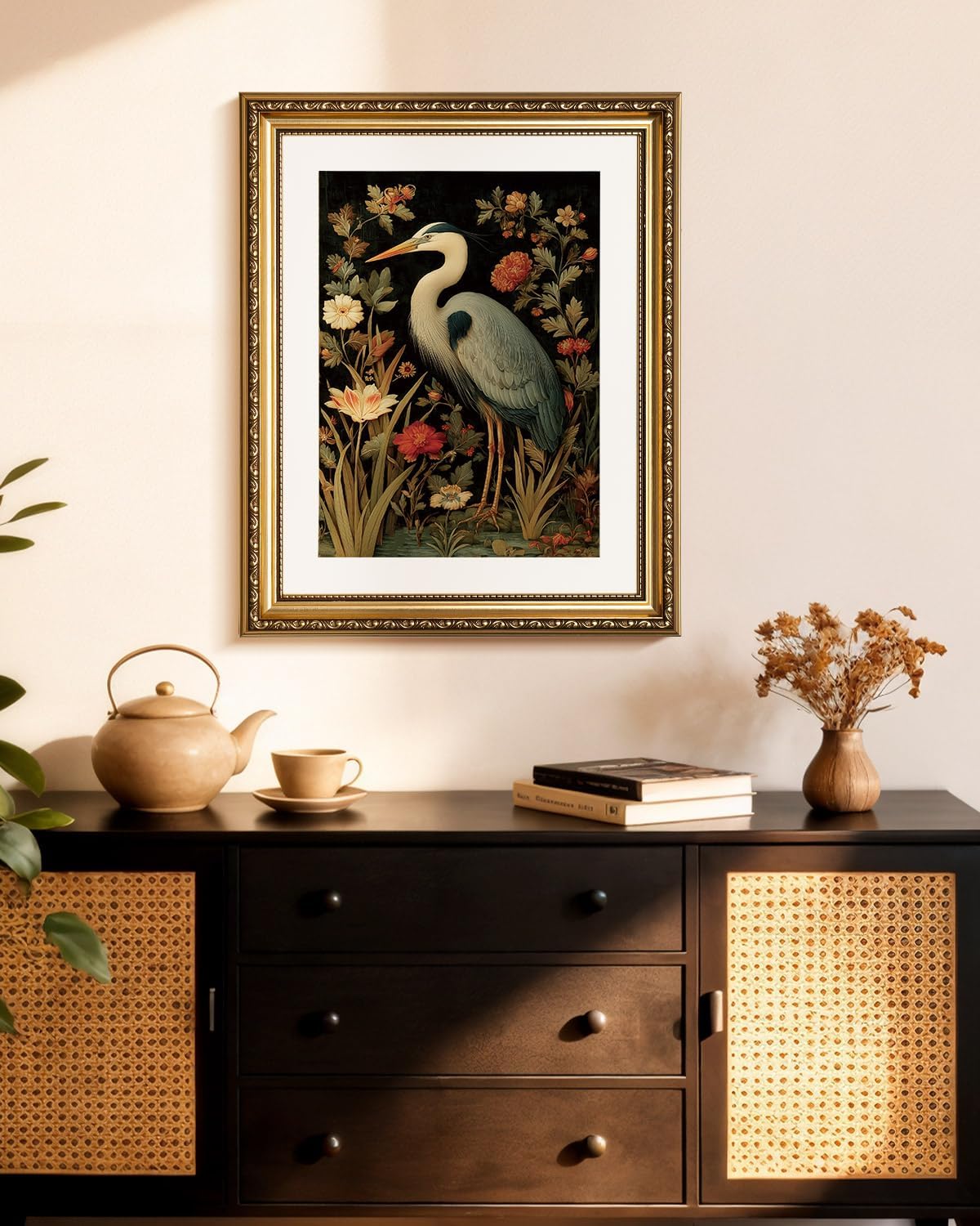 HUARCEY Vintage Botanical Bird Gold Framed Canvas Wall Art 13x16 inch, Classic Heron Floral Canvas Painting Print, Traditional Elegant Home Living Room Bedroom Farmhouse Decor