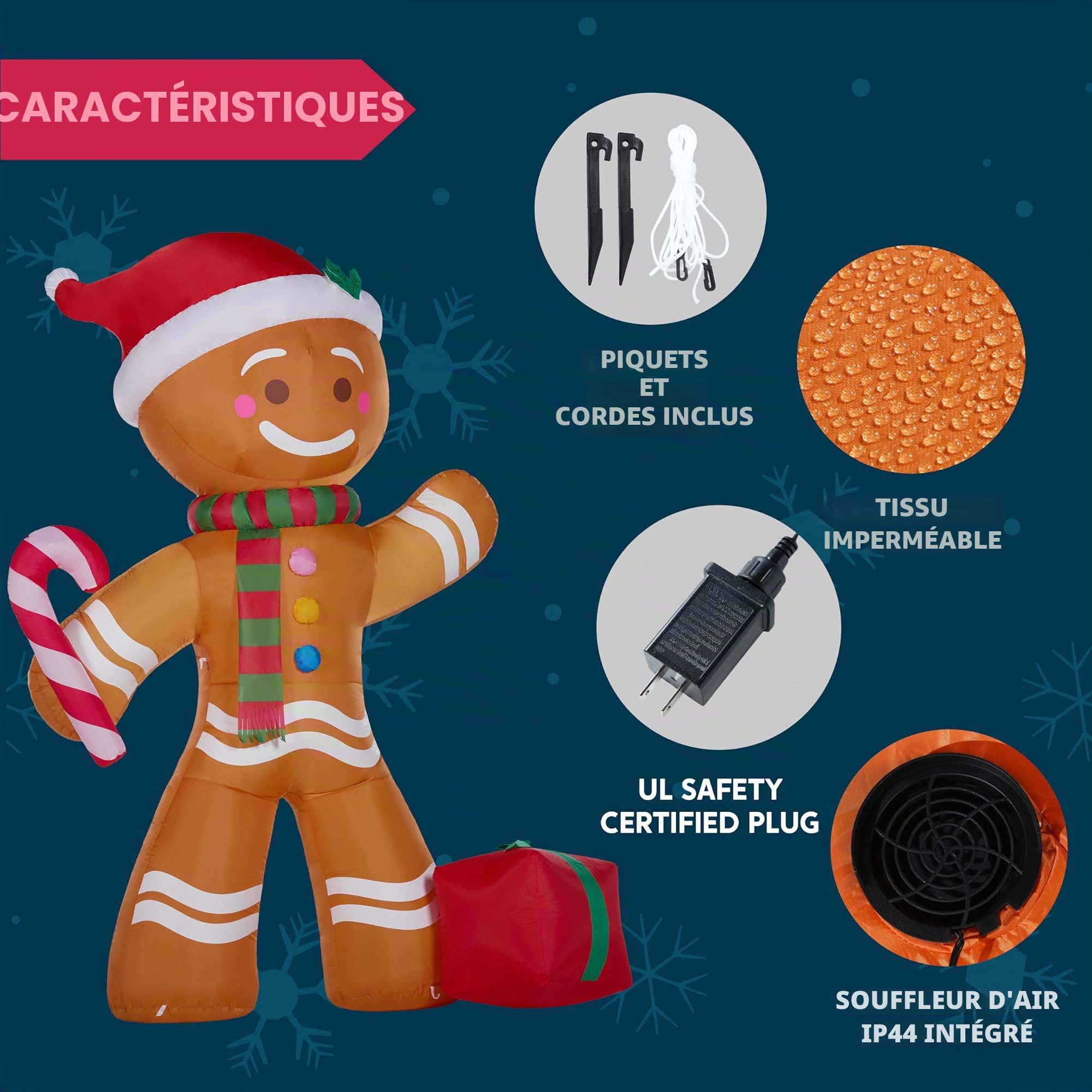 Joiedomi Bonhomme en pain d'épices gonflable de Noël de 2,4 m de haut avec sucre d'orge, décoration de cour gonflable en pain d'épices avec LED intégrées pour Noël, fête, extérieur, cour, jardin