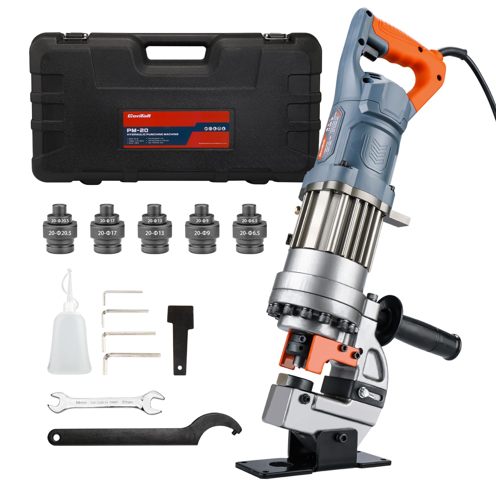 View 1 of ***FACTORY SEALED***
CENTALL 1300W Electric Hydraulic Hole Puncher ?1/4"-4/5" Hydraulic Punching Machine Punching Tool Portable Punch Machine with 5 Dies for Iron Copper Aluminum Plate Angle Steel PM20 (Orange+Grey)