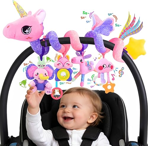 Juguete Musical de Asiento de Coche para Bebés de 0-12 Meses Niña, Juguete Colgante de Actividad Sensorial 5 en 1, Juguete de Cochecito con Música