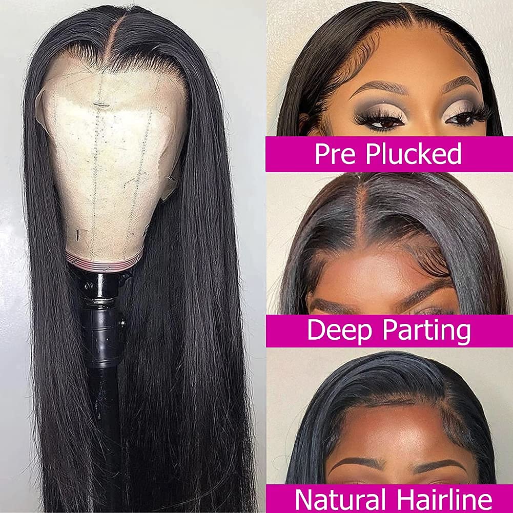 lalula Straight Lace Front Wigs Human Hair Wigs for Black Woman 13×4 Lace Frontal Wigs Brazilian Virgin Human Hair Wigs Pre Plucked with Baby Hair Natural Color wigs(24Inch)