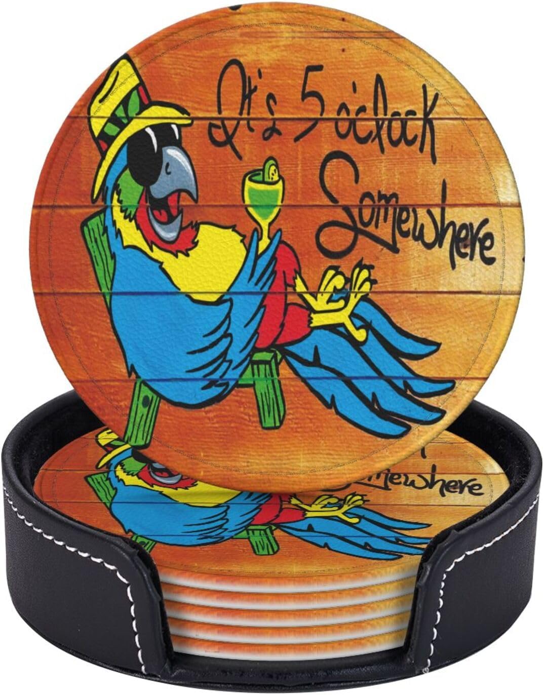 It's 5 O'Clock Somewhere Coasters Set of 6 Pu Leather Drinks Coaster with Holder for Coffee Table Kitchen Table Bar Home & Office Gifts Decor