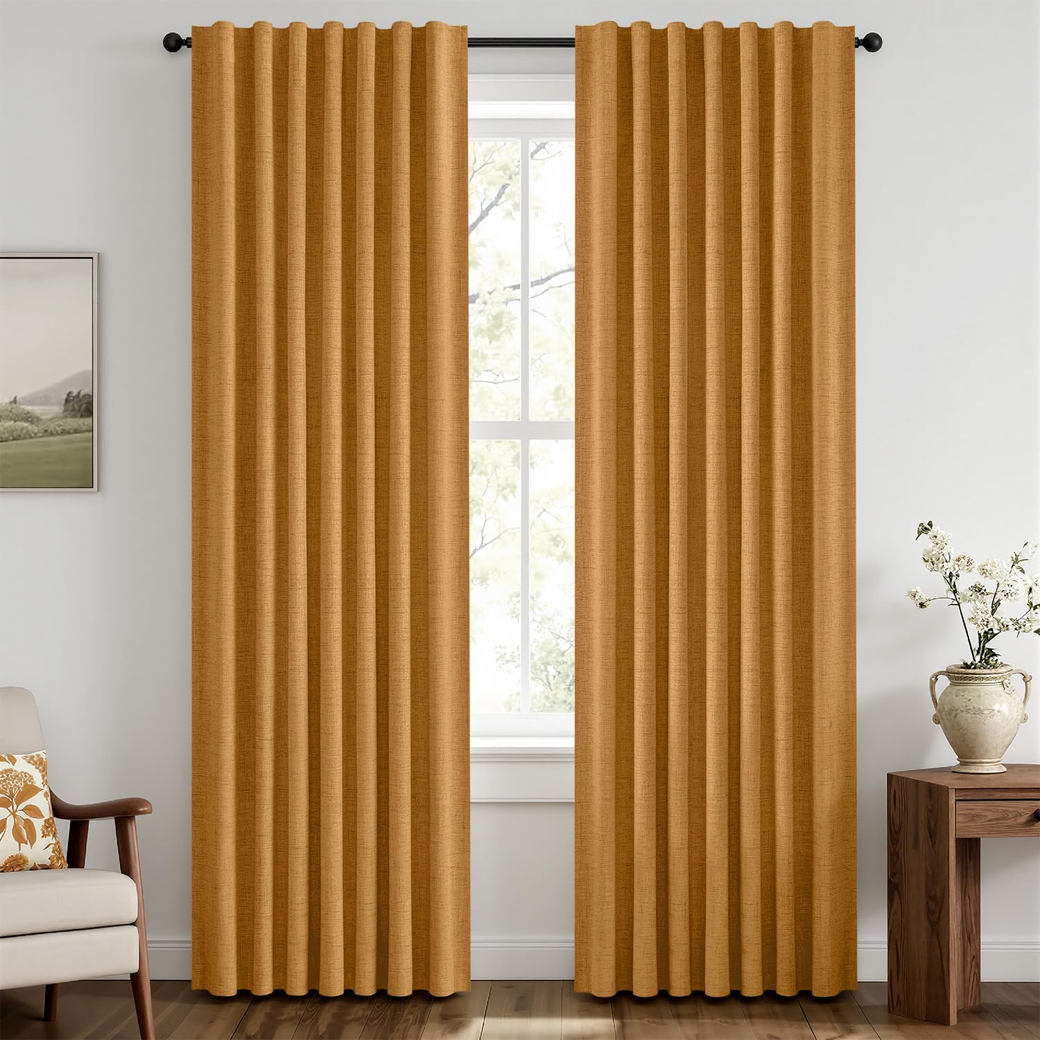 MIULEE Fall 100% Blackout Linen Curtains 42 x 84 Mustard Yellow