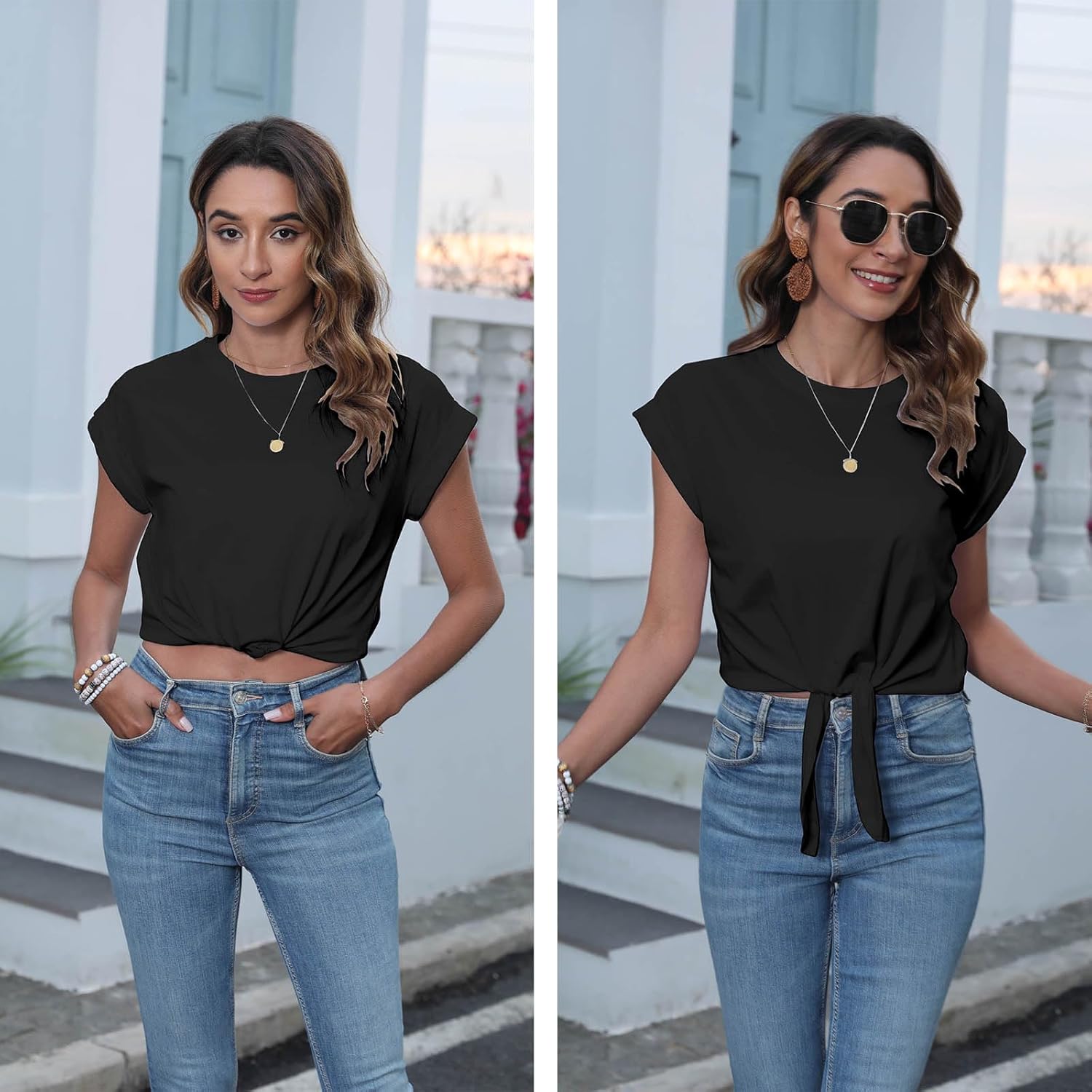 Womens Tie Knot Front Cropped T-Shirt Summer Casual Crew Neck Rolled Short Sleeve Crop Tops Tees - Image 2