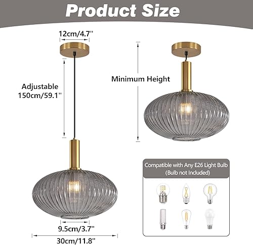 Miniatura 2 de KCO Iluminación colgante de cristal dorado moderno de mediados de siglo, iluminación colgante de globo gris humo, luces colgantes de isla de cocina,