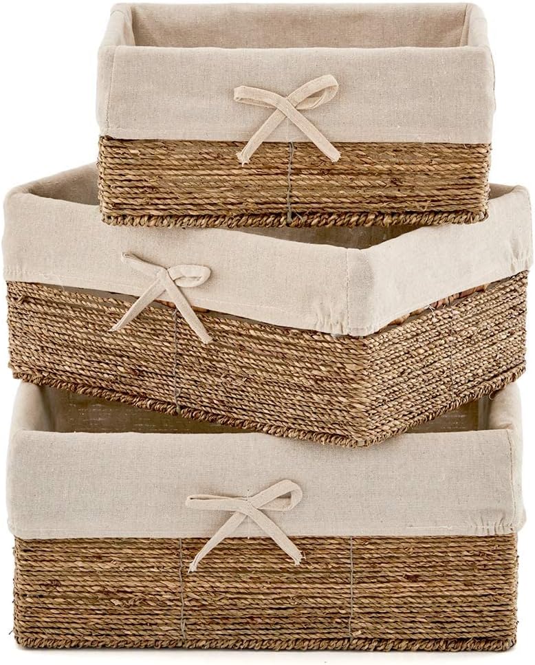 EZOWare Natural Seagrass Woven Baskets, Set of 3 Rectangular Gift Baskets Empty, Storage Organizer Wicker Nesting Container Bins Boxes for Organizing Kids Baby Closets, Room Decor - Mixed Size