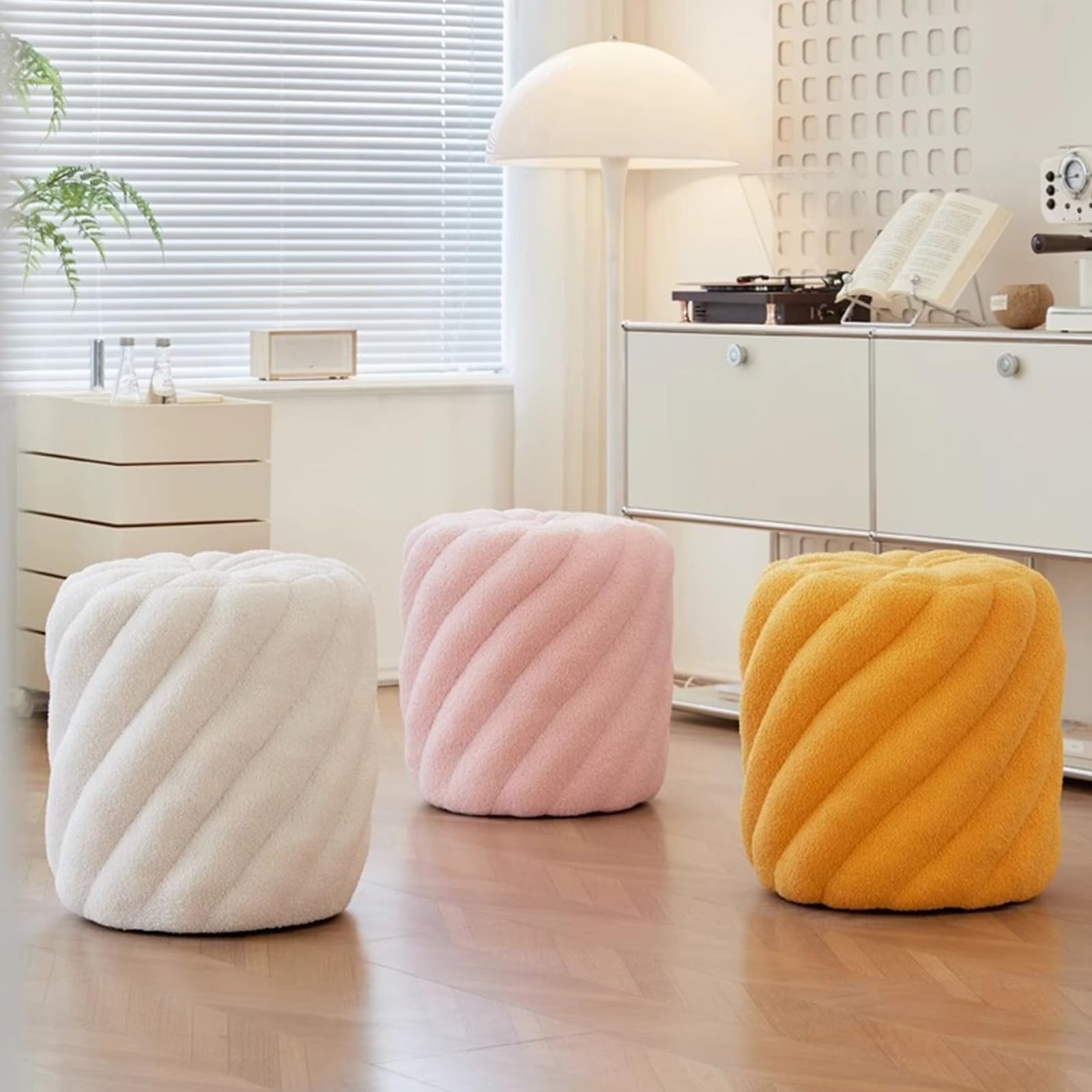 Moderno ottomano rotondo con seduta morbida imbottita, sgabello multifunzionale in pile per trucco, poggiapiedi imbottito per soggiorno camera da letto