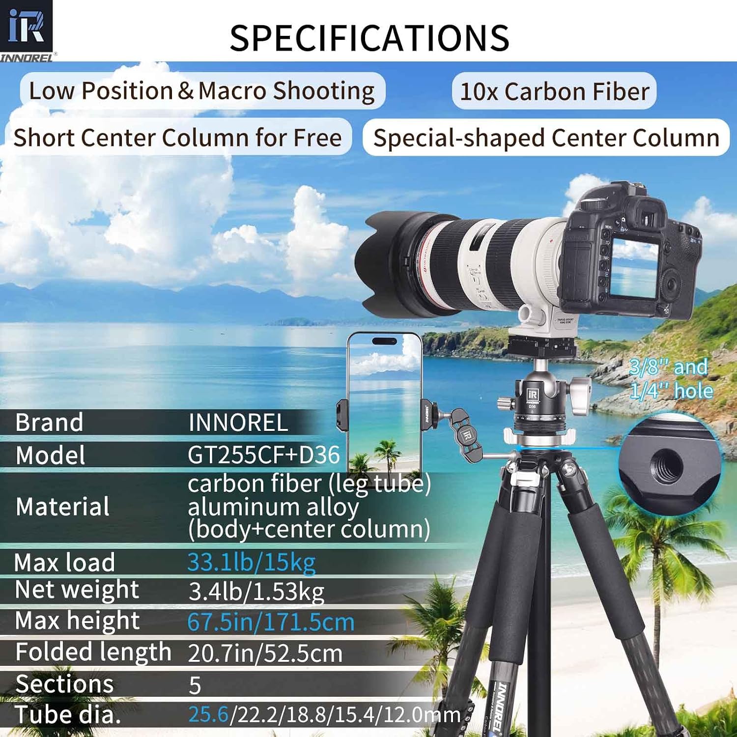 INNOREL Carbon Fiber Travel Tripod GT255CF Professional Compact Camera Tripod Stand for DSLR Camera with Low Gravity Center Ballhead,Special-Shaped Center Column 25.6mm Tube Max Load 33lbs/15kg