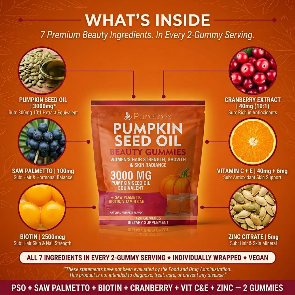 Pumpkin Seed Oil Beauty Gummies, Women's Hair Strength, Growth & Skin Radiance, 120 Count, with Saw Palmetto, Biotin, Vitamins C&E, Natural Pumpkin Flavor
