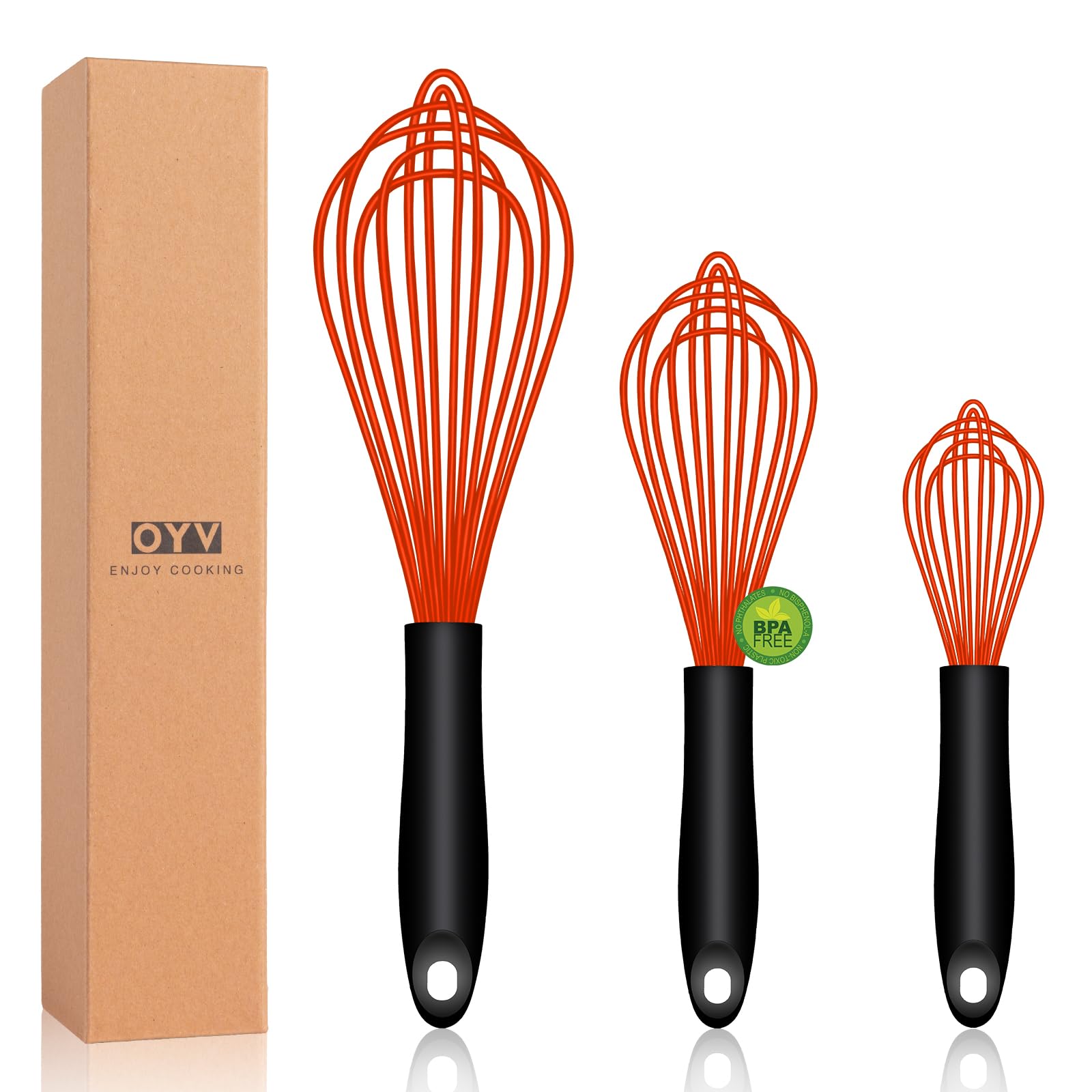 Red Silicone Whisk, Sealed Waterproof Design Set of 3, Professional Kitchen Whisks for Cooking Non-Scratch, Silicone & Stainless Steel Whisk, Heat Resistant 480°F Balloon Egg Beater
