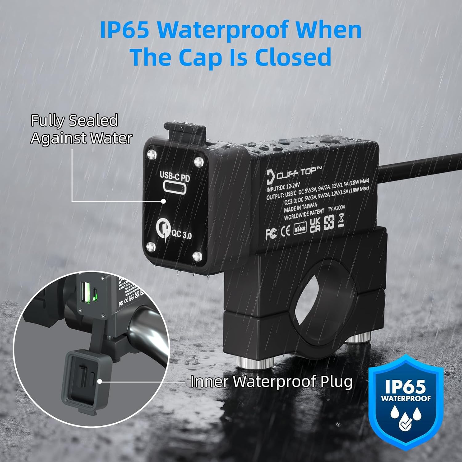 Cliff-Top Motorcycle USB Charger Dual USB Port 6A 36W Waterproof Aluminium Phone Charger with PD USB-C & QC 3.0, Magnetic Power Switch, Heavy-Duty, Battery Drain Prevention