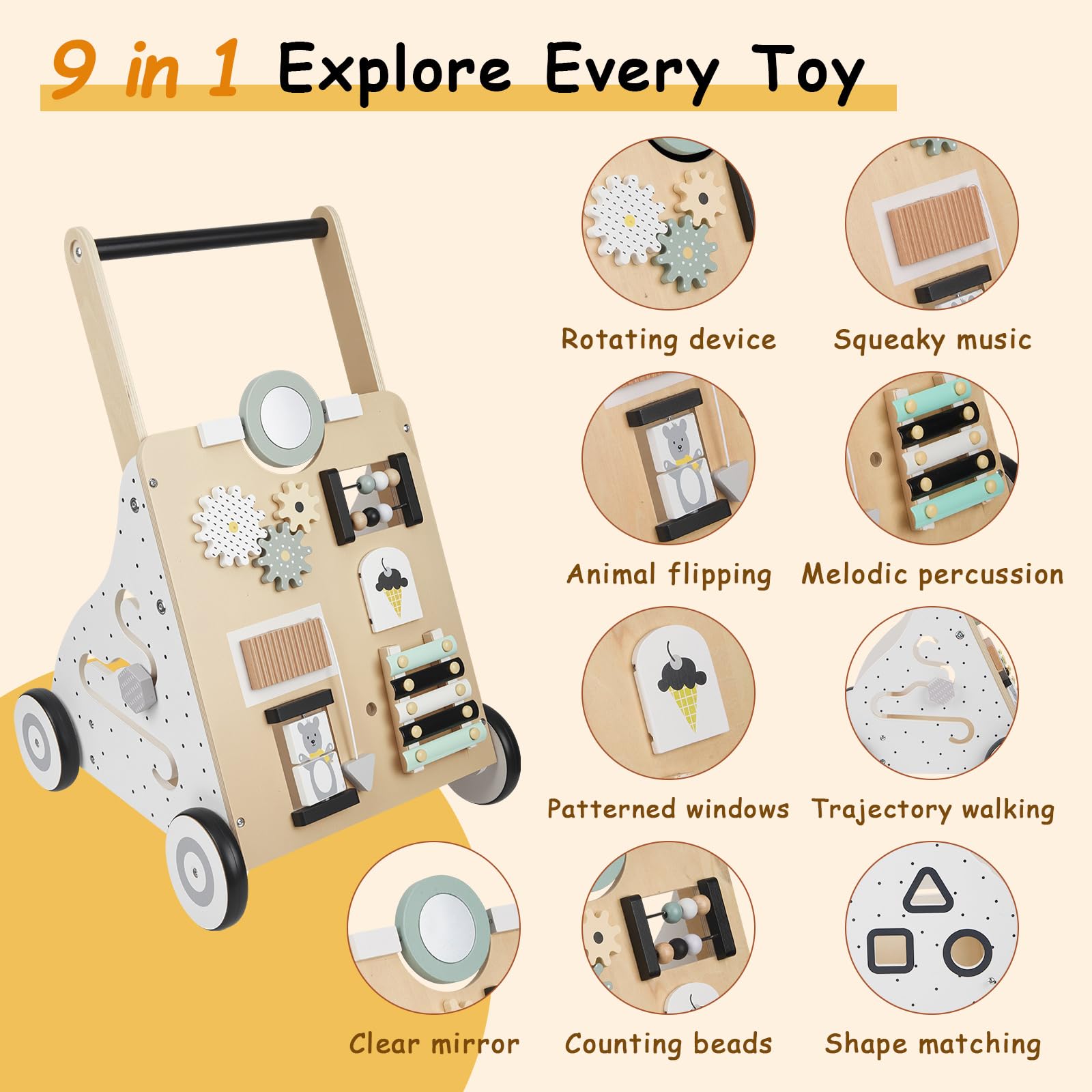Montessori - Passeggino per bambini in legno, con Activity Center e ruote gommate, stabile aiuto per bambini piccoli, giocattolo in legno per bambini a partire da 1 anno, regalo per ragazzi e ragazze