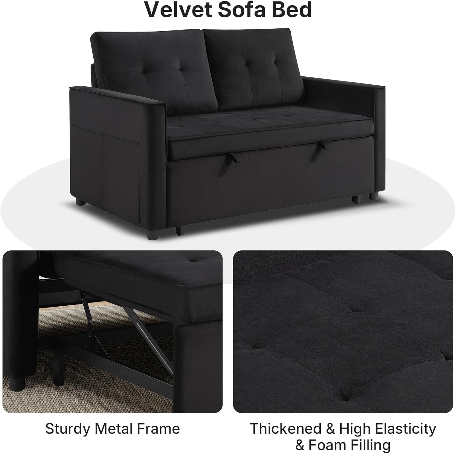 Rovibek 3-in-1 Velvet Sleeper Sofa Bed, Convertible Pull Out Couch for Living Room with Adjustable Backrest, Side Pockets, Velvet Fabric Loveseat Sofa for Apartment, Black