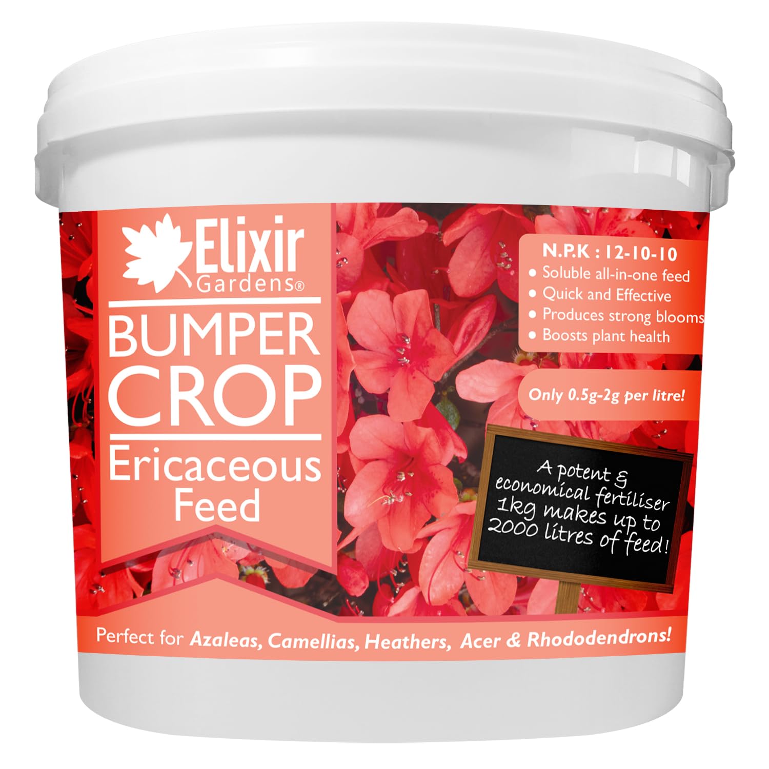 Elixir Gardens Bumper Crop Ericaceous Feed Fertiliser - NPK 12-10-10+ 4 | Plant Food for Azalea, Magnolia, Rhododendron & Camellia | Available from 1kg - 20kg | 10kg Resealable Tub