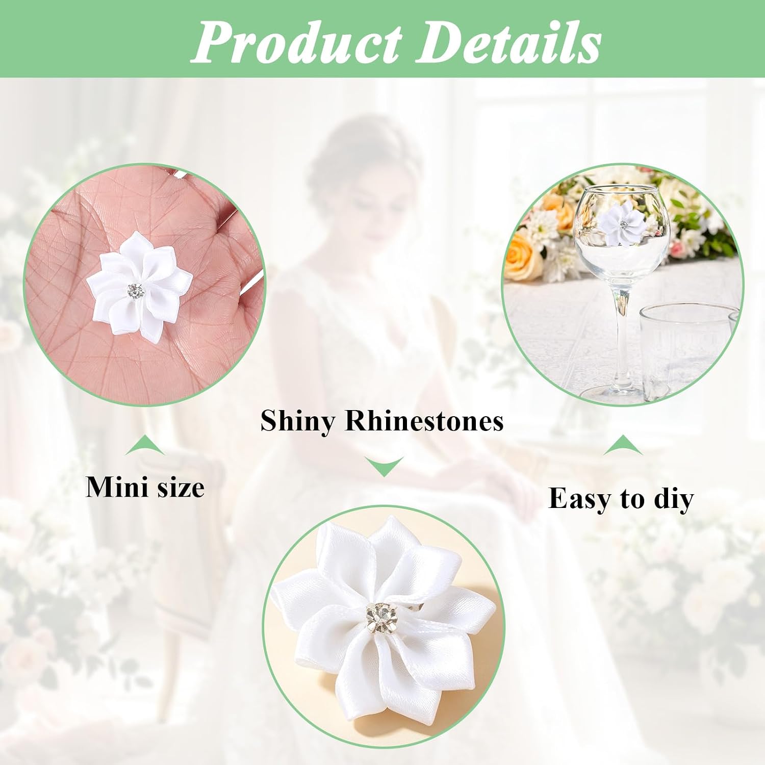 100 Pcs 1.1 Inch Small White Flowers,Satin Ribbon Flower Bows with Rhinestones, Mini Applique Flowers for Wedding, Graduation Party Supplies, Home Decor Craft Embellishment (White)