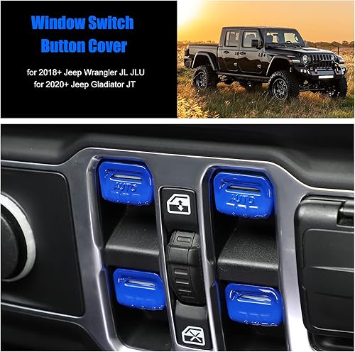 Miniatura 2 de 4 piezas de cubierta de botón de interruptor de ventana, accesorios interiores para Jeep Wrangler JL JLU Gladiator JT 2018-2023 (azul oscuro)