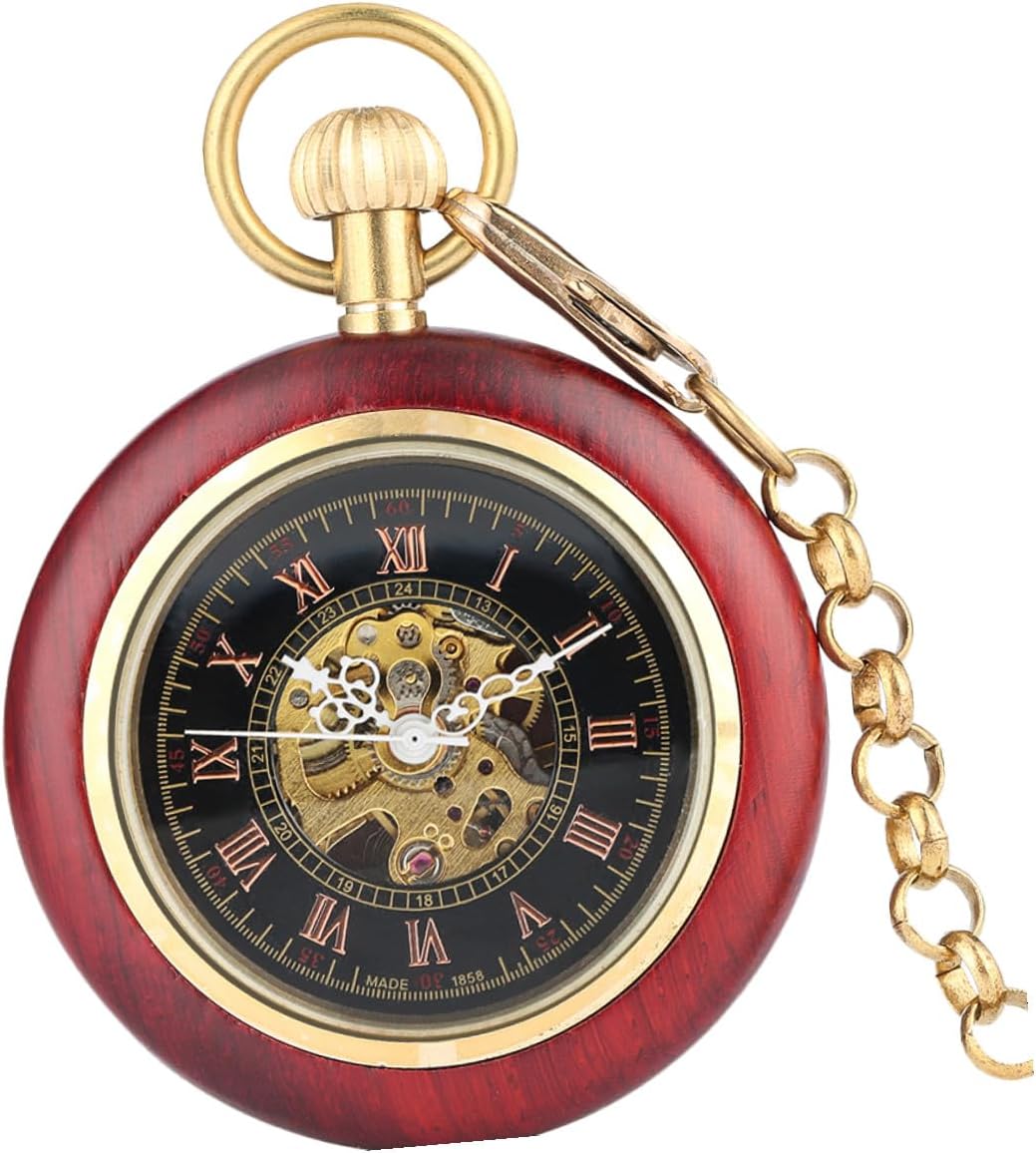 GLEAVI Retro Mechanical Pocket Watch with Chain, Roman Numeral Antique Hanging Watch for Men and Elderly, Copper Wood Grain Frame, Vintage Timepiece for Daily Wear