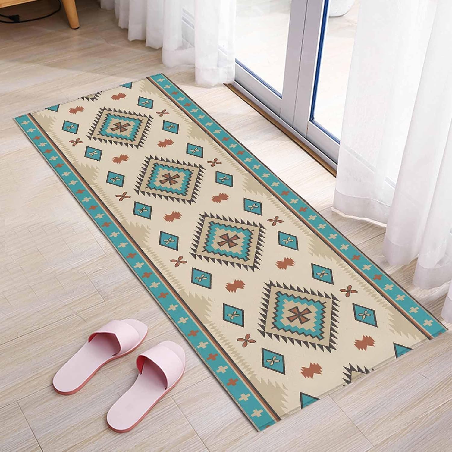 Teamery Kitchen Mats for Floor Farmhouse Aztec Southwest Washable Non Slip Kitchen Rugs 1PCS, Brown Ethnic Geometric Absorbent Standing Mats for Sink Bathroom Office Living Room 23.6x70.9in