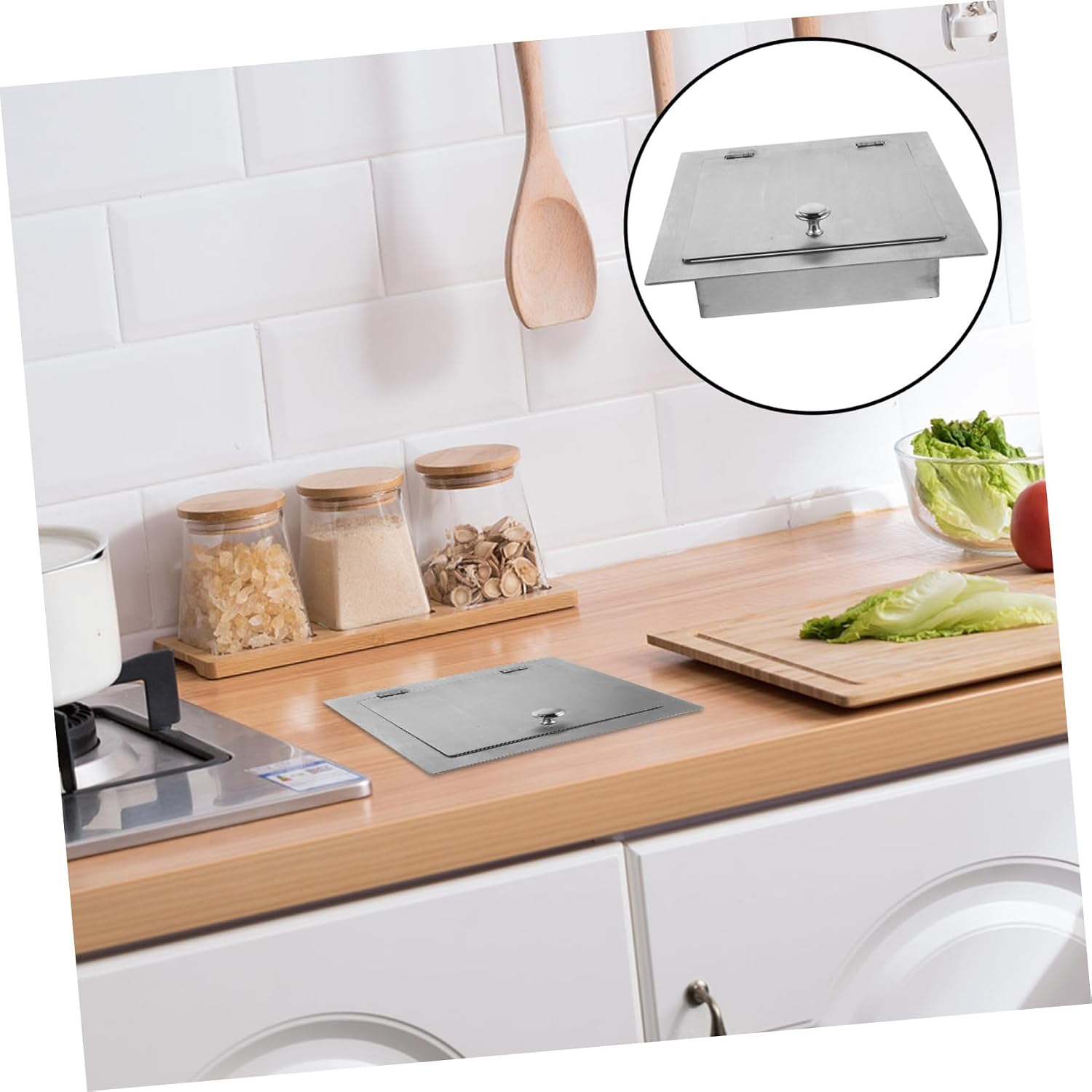 Stainless Steel Recessed Trash Can Lid for Countertop with Rust Resistant Square Flap Cover, Built-in Wastebasket Lid for Bathroom and Kitchen Sink Cabinets, 9.45 Inch Embedded