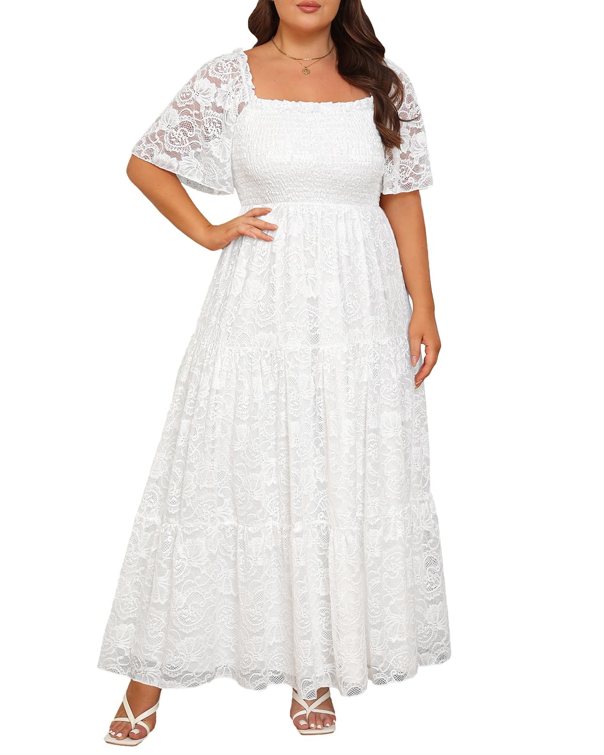 Plus Size Wedding Dress Bride Boho Lace Square Neck Long Maxi Dresses