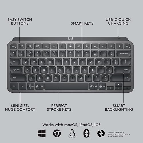 Miniatura 5 de Logitech MX Keys - Mini teclado y mouse ergonómico vertical - Inalámbrico, teclas retroiluminadas, Bluetooth o Logi Bolt receptor USB, silencioso,