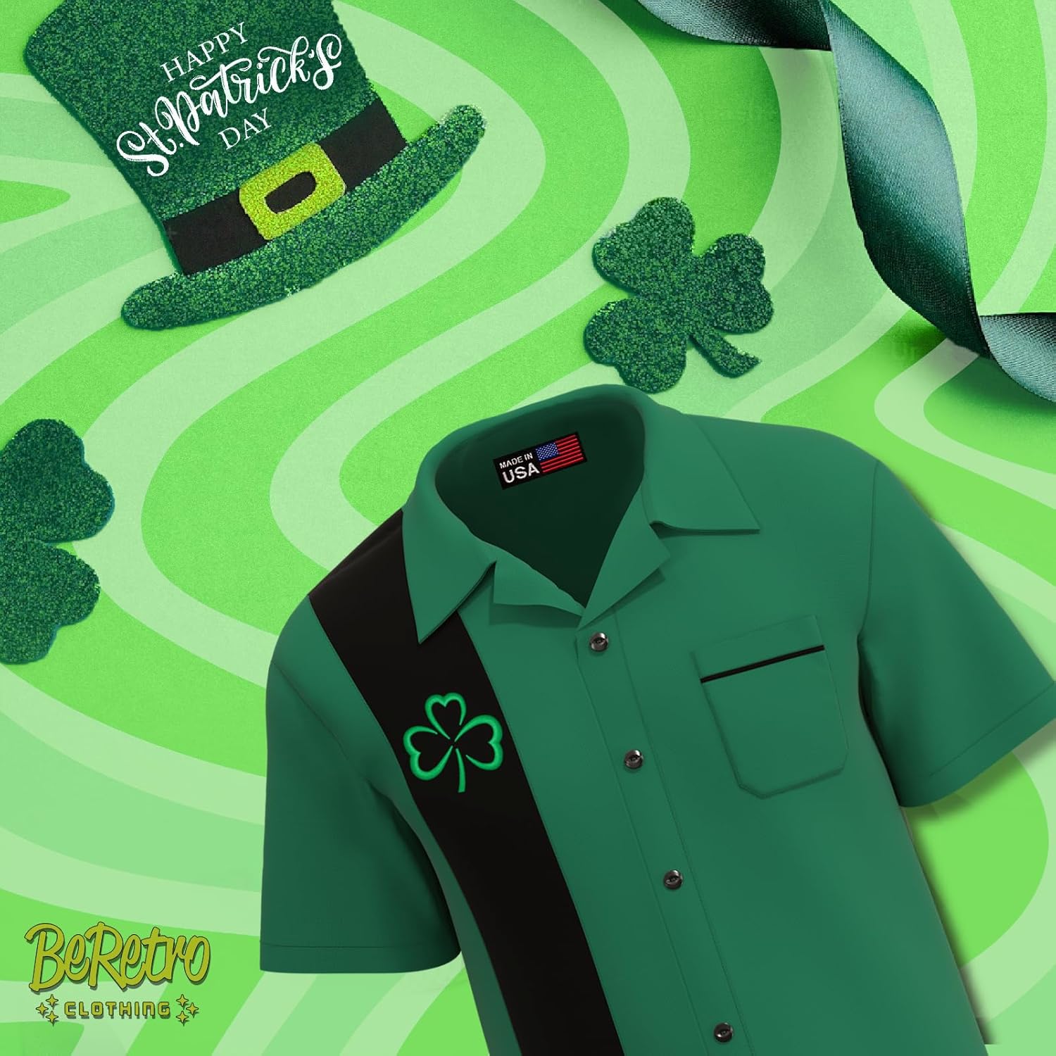 BeRetro Lucky Bowling Shirt USA Made Men's Short-Sleeve Button Down Green Shirt ~ Luck of The Irish ~ St. Patrick Day