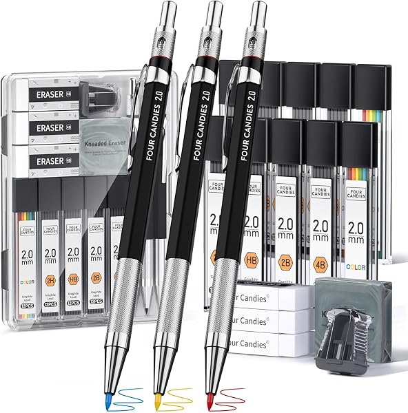 Four Candies 3PCS 2MM Mechanical Pencils Set with 120 Graphite Lead Refills