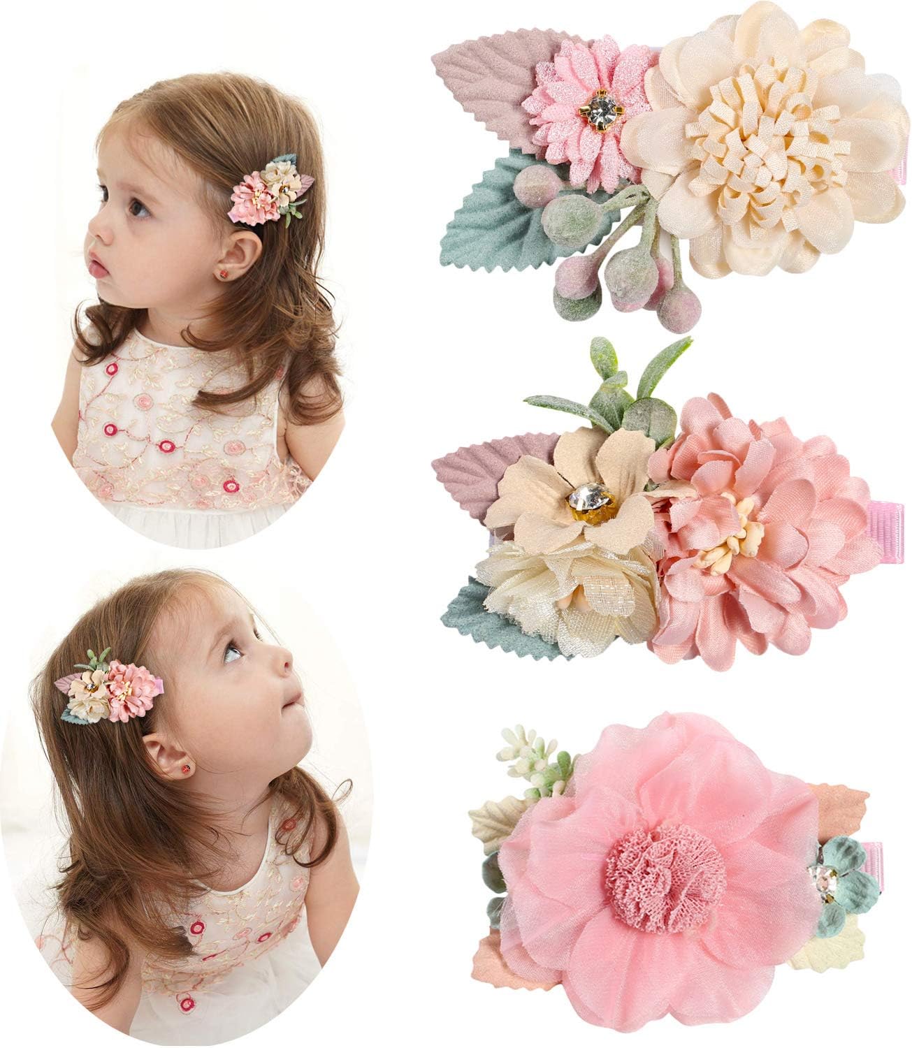 3 Pieces Artificial head flower hair clips floral Barrettes Hair Bow Accessories for Baby Girl Toddles fabric flower hairclips,one size - Image 4