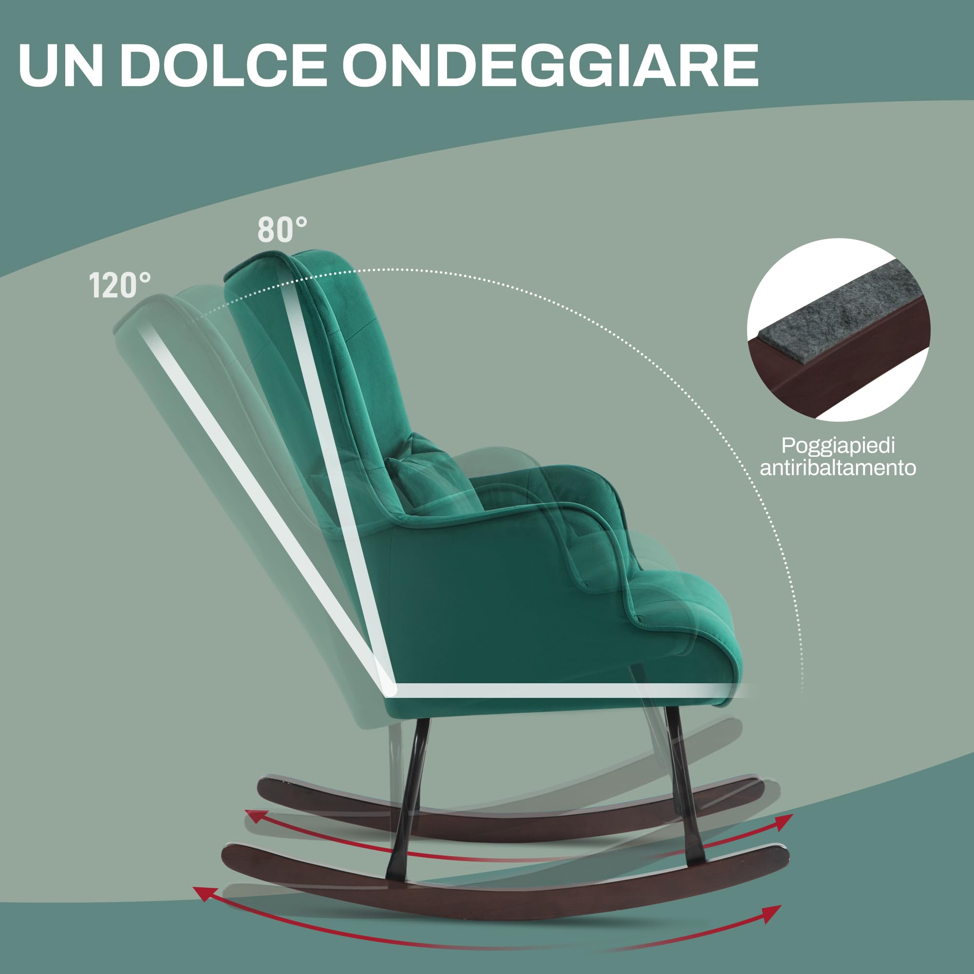 HOMCOM Poltrona a Dondolo in Velluto con Schienale Alto, Sedia a Dondolo con Cuscino e Braccioli per Salotto e Camera da Letto, Verde