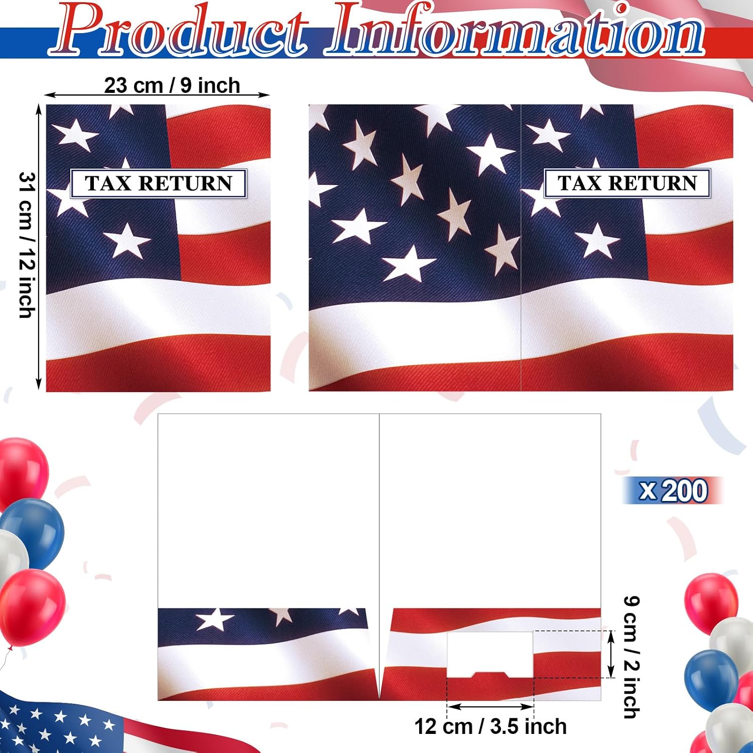 Kisston 200 Pcs Tax Return Folders Bulk 9 x 12 Inch Red White and Blue Income Tax Folders Receipt Organizer with 2 Pocket for Preparer Clients Office Supplies
